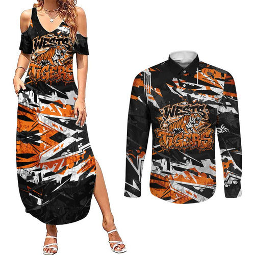 Personalized Wests Tigers Couples Matching Summer Maxi Dress and Long Sleeve Button Shirt Graffiti Grunge Abstract Urban Street Style Design