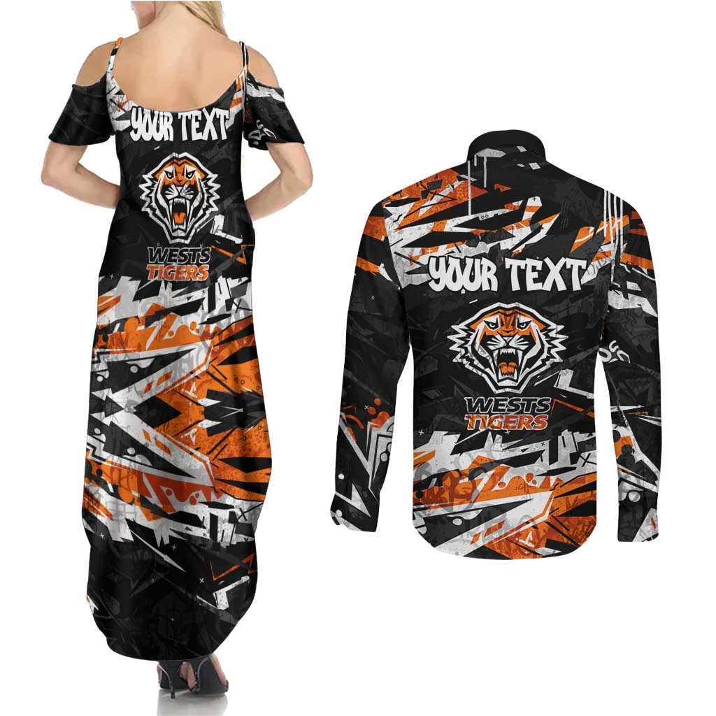 Personalized Wests Tigers Couples Matching Summer Maxi Dress and Long Sleeve Button Shirt Graffiti Grunge Abstract Urban Street Style Design