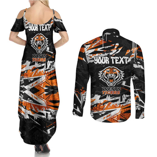 Personalized Wests Tigers Couples Matching Summer Maxi Dress and Long Sleeve Button Shirt Graffiti Grunge Abstract Urban Street Style Design