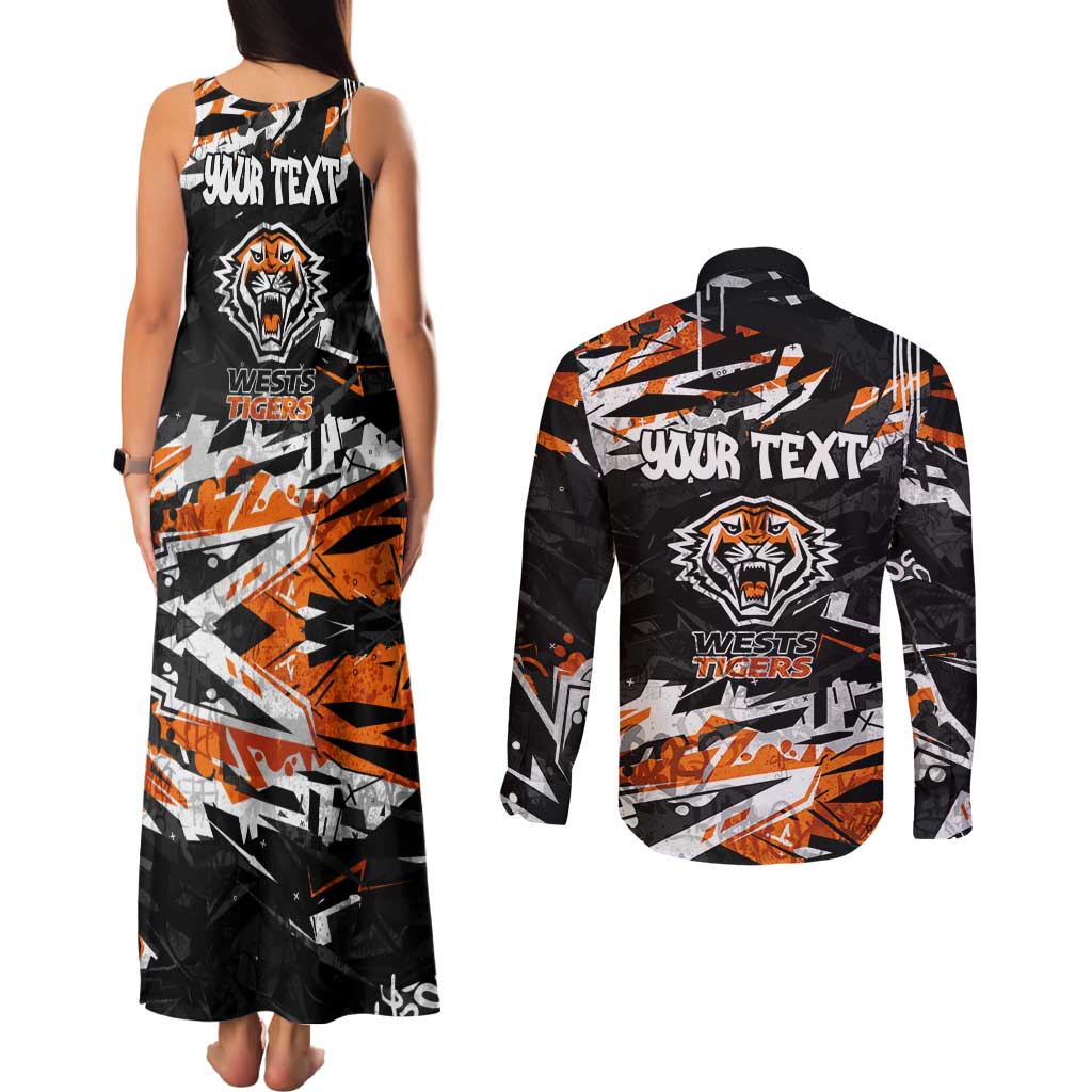 Personalized Wests Tigers Couples Matching Tank Maxi Dress and Long Sleeve Button Shirt Graffiti Grunge Abstract Urban Street Style Design
