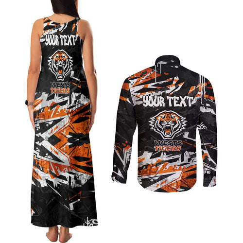 Personalized Wests Tigers Couples Matching Tank Maxi Dress and Long Sleeve Button Shirt Graffiti Grunge Abstract Urban Street Style Design