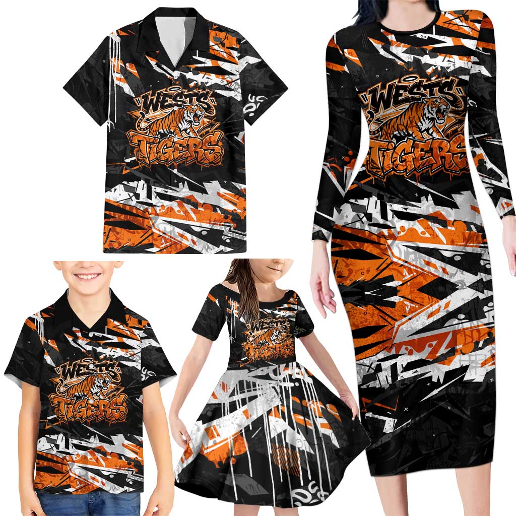 Personalized Wests Tigers Family Matching Long Sleeve Bodycon Dress and Hawaiian Shirt Graffiti Grunge Abstract Urban Street Style Design