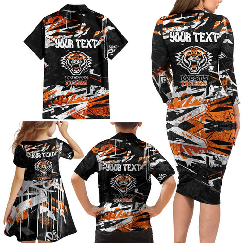 Personalized Wests Tigers Family Matching Long Sleeve Bodycon Dress and Hawaiian Shirt Graffiti Grunge Abstract Urban Street Style Design