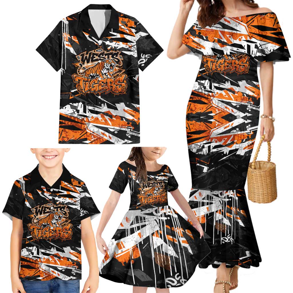 Personalized Wests Tigers Family Matching Mermaid Dress and Hawaiian Shirt Graffiti Grunge Abstract Urban Street Style Design