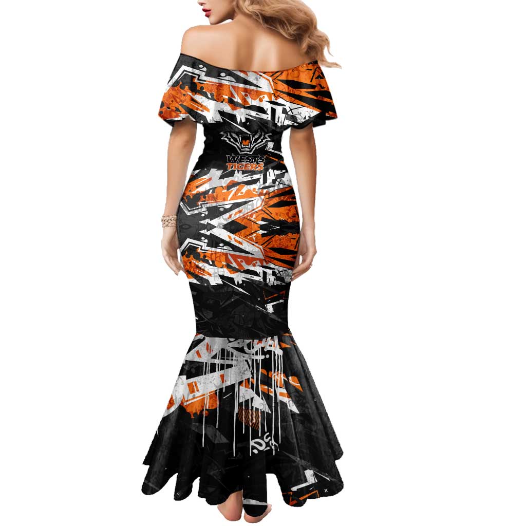 Personalized Wests Tigers Family Matching Mermaid Dress and Hawaiian Shirt Graffiti Grunge Abstract Urban Street Style Design