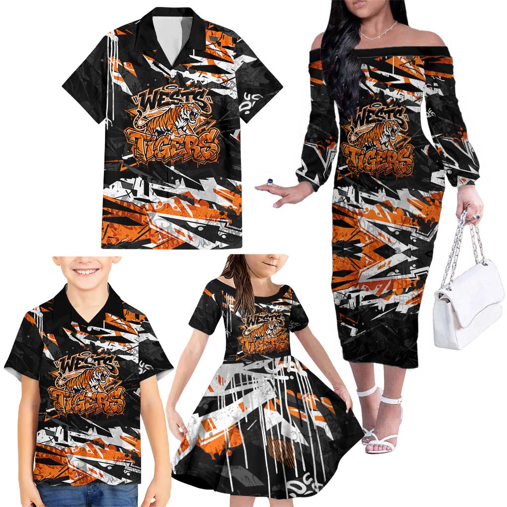 Personalized Wests Tigers Family Matching Off The Shoulder Long Sleeve Dress and Hawaiian Shirt Graffiti Grunge Abstract Urban Street Style Design