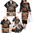 Personalized Wests Tigers Family Matching Off The Shoulder Long Sleeve Dress and Hawaiian Shirt Graffiti Grunge Abstract Urban Street Style Design