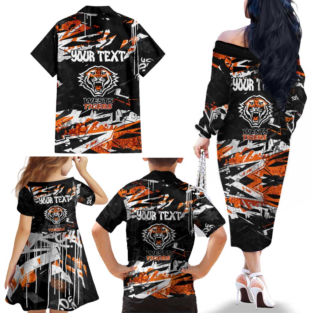Personalized Wests Tigers Family Matching Off The Shoulder Long Sleeve Dress and Hawaiian Shirt Graffiti Grunge Abstract Urban Street Style Design