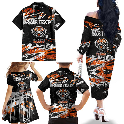 Personalized Wests Tigers Family Matching Off The Shoulder Long Sleeve Dress and Hawaiian Shirt Graffiti Grunge Abstract Urban Street Style Design