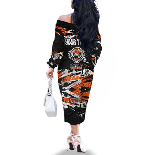 Personalized Wests Tigers Family Matching Off The Shoulder Long Sleeve Dress and Hawaiian Shirt Graffiti Grunge Abstract Urban Street Style Design