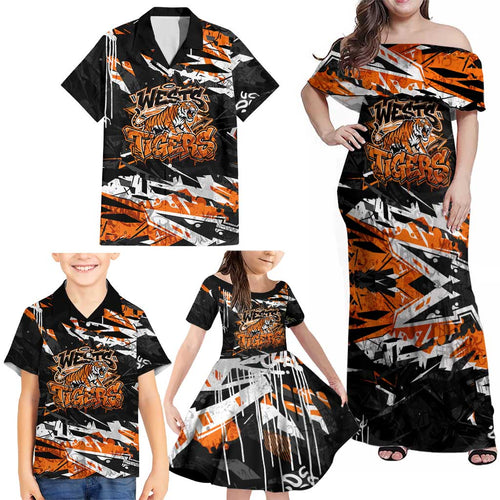 Personalized Wests Tigers Family Matching Off Shoulder Maxi Dress and Hawaiian Shirt Graffiti Grunge Abstract Urban Street Style Design