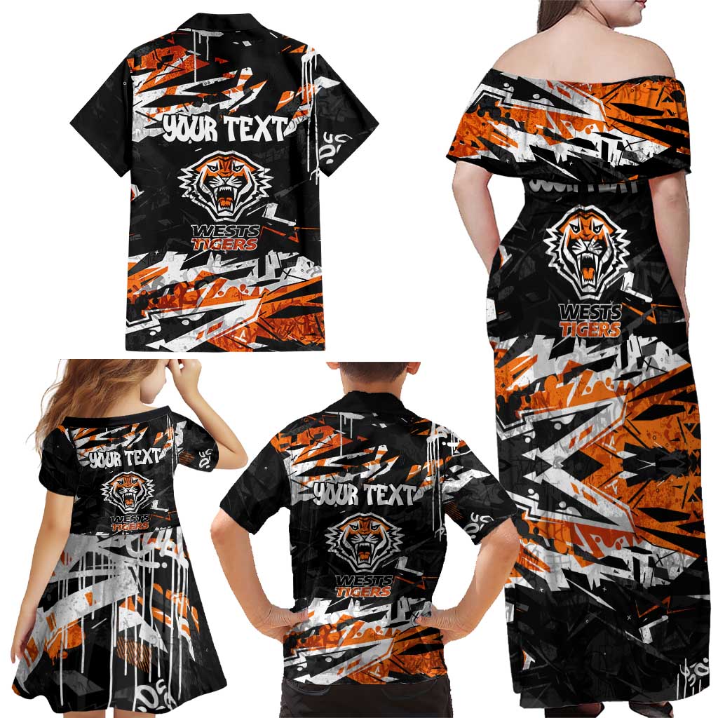 Personalized Wests Tigers Family Matching Off Shoulder Maxi Dress and Hawaiian Shirt Graffiti Grunge Abstract Urban Street Style Design