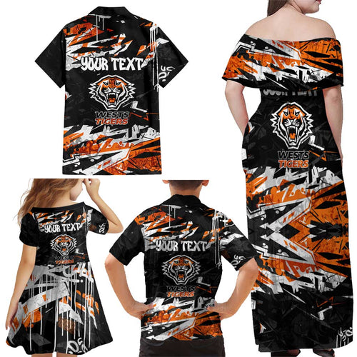 Personalized Wests Tigers Family Matching Off Shoulder Maxi Dress and Hawaiian Shirt Graffiti Grunge Abstract Urban Street Style Design