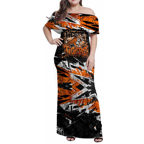 Personalized Wests Tigers Family Matching Off Shoulder Maxi Dress and Hawaiian Shirt Graffiti Grunge Abstract Urban Street Style Design