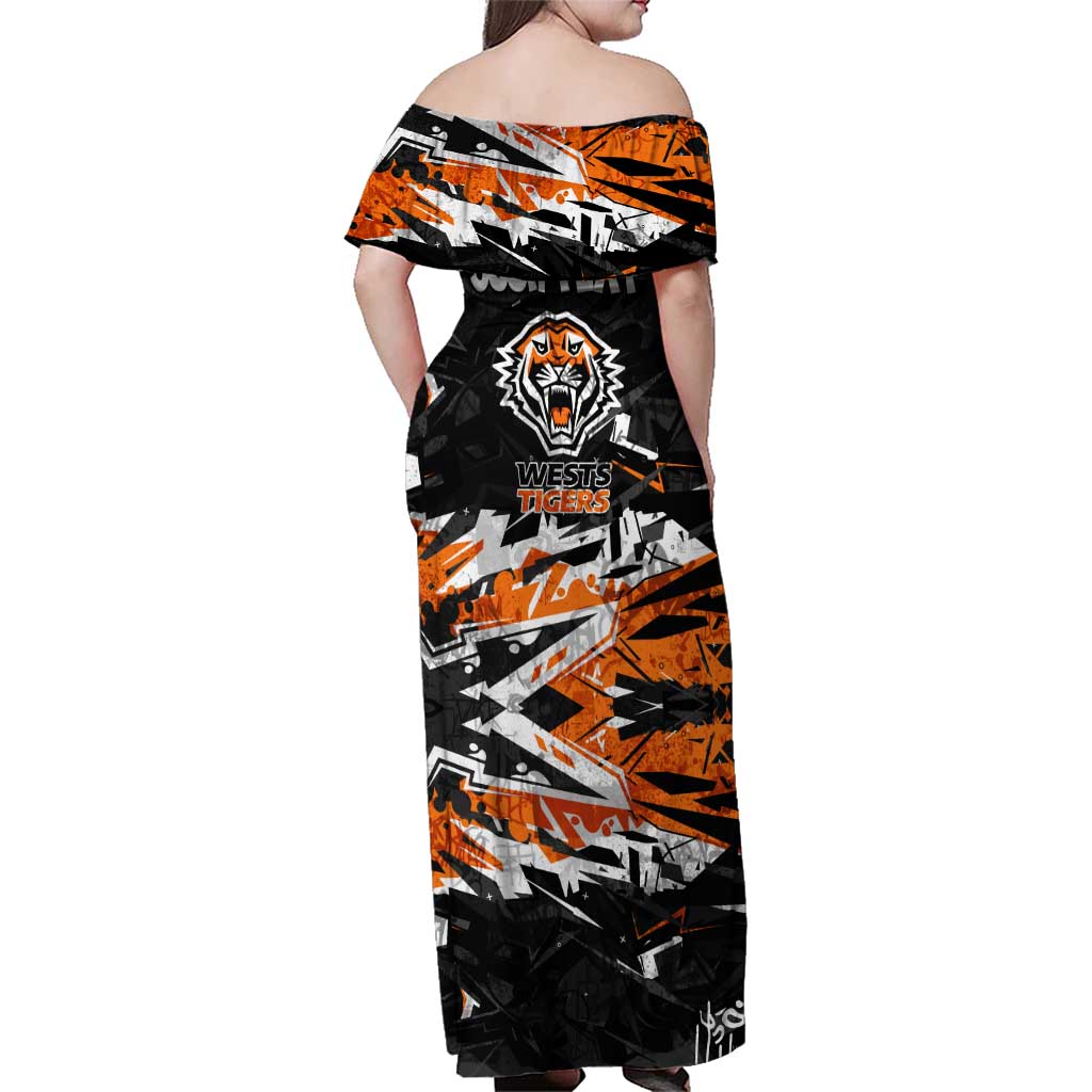 Personalized Wests Tigers Family Matching Off Shoulder Maxi Dress and Hawaiian Shirt Graffiti Grunge Abstract Urban Street Style Design