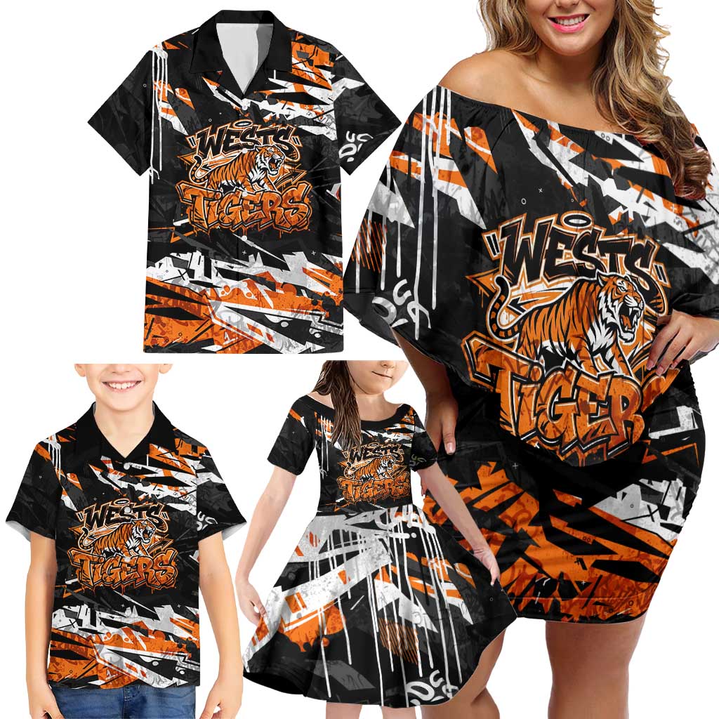 Personalized Wests Tigers Family Matching Off Shoulder Short Dress and Hawaiian Shirt Graffiti Grunge Abstract Urban Street Style Design