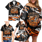Personalized Wests Tigers Family Matching Off Shoulder Short Dress and Hawaiian Shirt Graffiti Grunge Abstract Urban Street Style Design