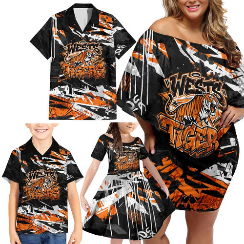 Personalized Wests Tigers Family Matching Off Shoulder Short Dress and Hawaiian Shirt Graffiti Grunge Abstract Urban Street Style Design