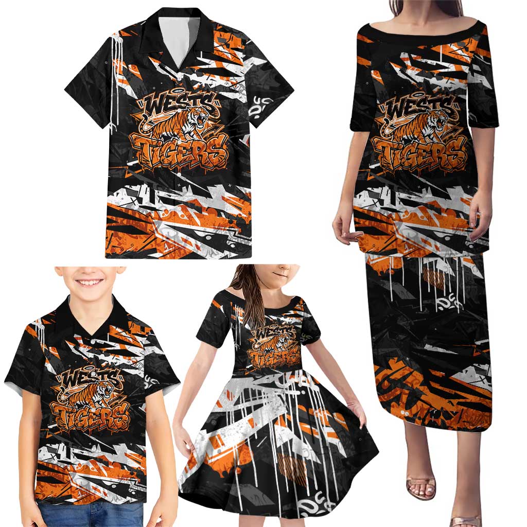Personalized Wests Tigers Family Matching Puletasi and Hawaiian Shirt Graffiti Grunge Abstract Urban Street Style Design