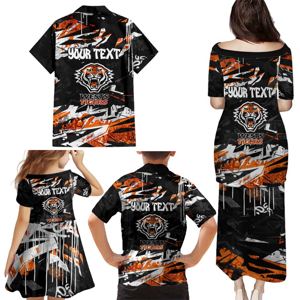 Personalized Wests Tigers Family Matching Puletasi and Hawaiian Shirt Graffiti Grunge Abstract Urban Street Style Design