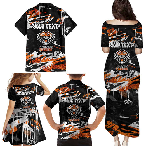 Personalized Wests Tigers Family Matching Puletasi and Hawaiian Shirt Graffiti Grunge Abstract Urban Street Style Design