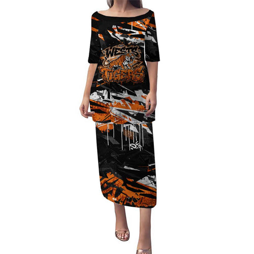 Personalized Wests Tigers Family Matching Puletasi and Hawaiian Shirt Graffiti Grunge Abstract Urban Street Style Design