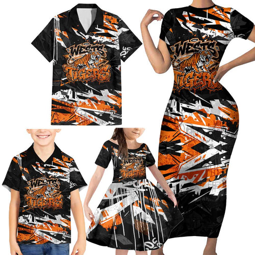 Personalized Wests Tigers Family Matching Short Sleeve Bodycon Dress and Hawaiian Shirt Graffiti Grunge Abstract Urban Street Style Design