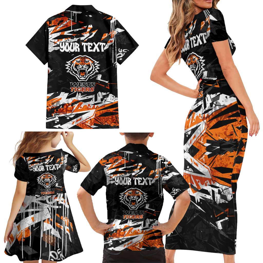 Personalized Wests Tigers Family Matching Short Sleeve Bodycon Dress and Hawaiian Shirt Graffiti Grunge Abstract Urban Street Style Design