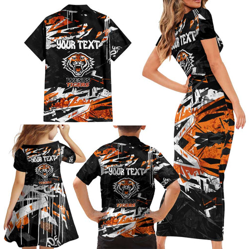 Personalized Wests Tigers Family Matching Short Sleeve Bodycon Dress and Hawaiian Shirt Graffiti Grunge Abstract Urban Street Style Design