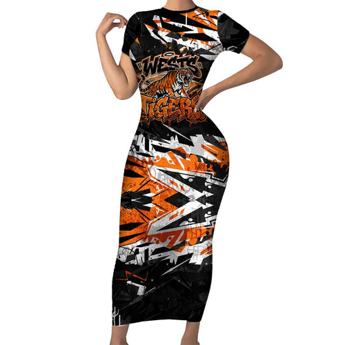 Personalized Wests Tigers Family Matching Short Sleeve Bodycon Dress and Hawaiian Shirt Graffiti Grunge Abstract Urban Street Style Design