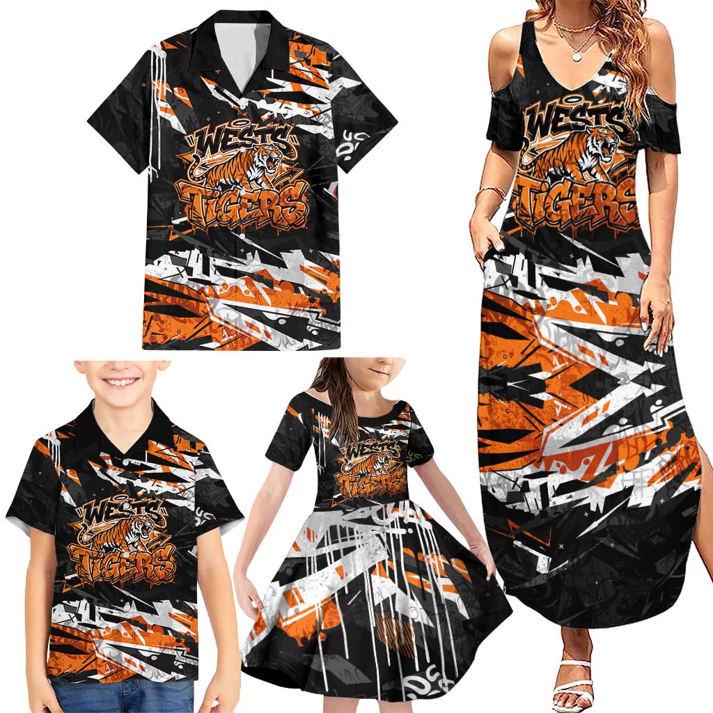 Personalized Wests Tigers Family Matching Summer Maxi Dress and Hawaiian Shirt Graffiti Grunge Abstract Urban Street Style Design