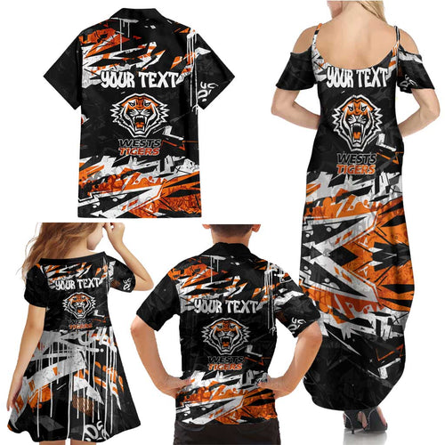 Personalized Wests Tigers Family Matching Summer Maxi Dress and Hawaiian Shirt Graffiti Grunge Abstract Urban Street Style Design