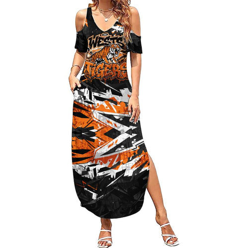 Personalized Wests Tigers Family Matching Summer Maxi Dress and Hawaiian Shirt Graffiti Grunge Abstract Urban Street Style Design