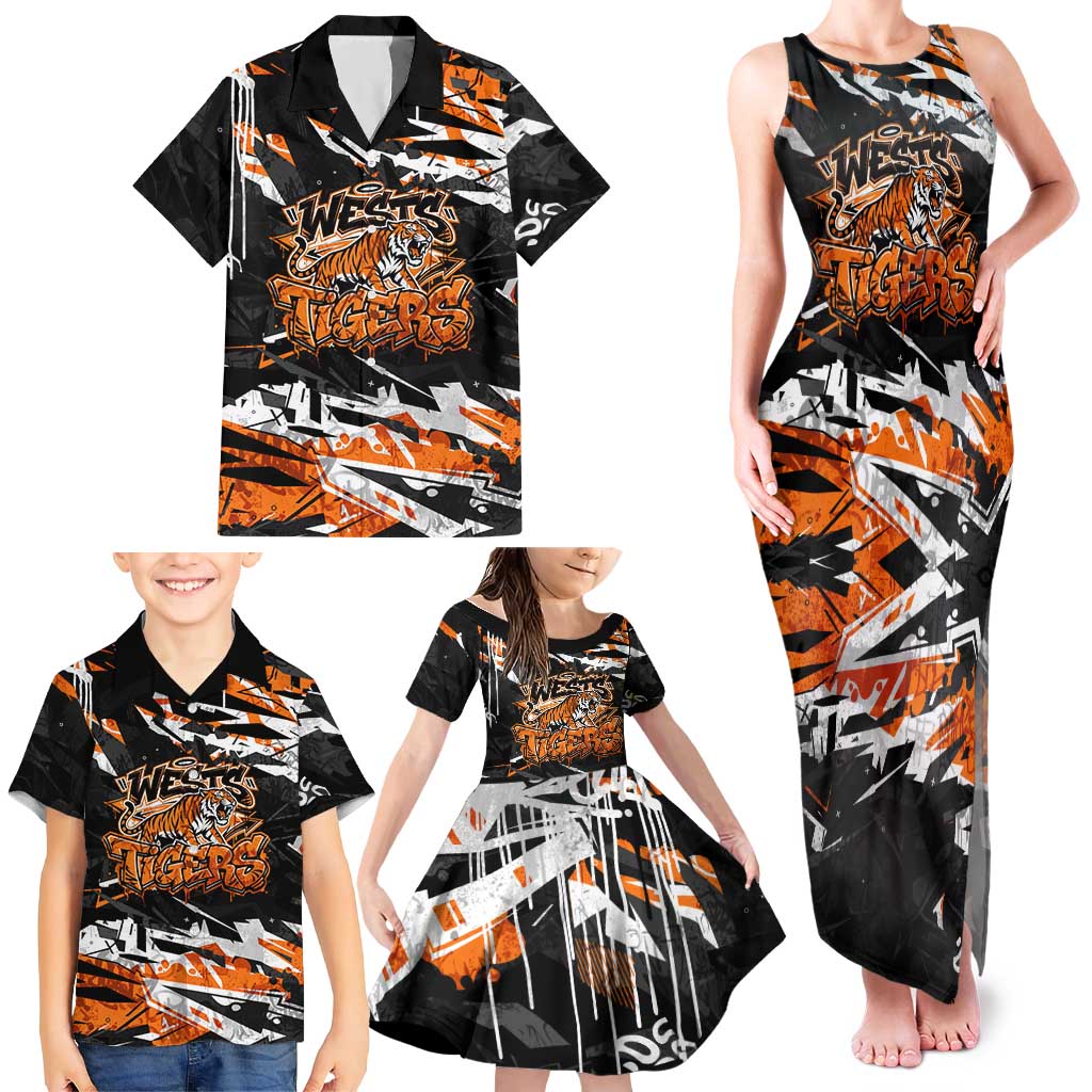 Personalized Wests Tigers Family Matching Tank Maxi Dress and Hawaiian Shirt Graffiti Grunge Abstract Urban Street Style Design