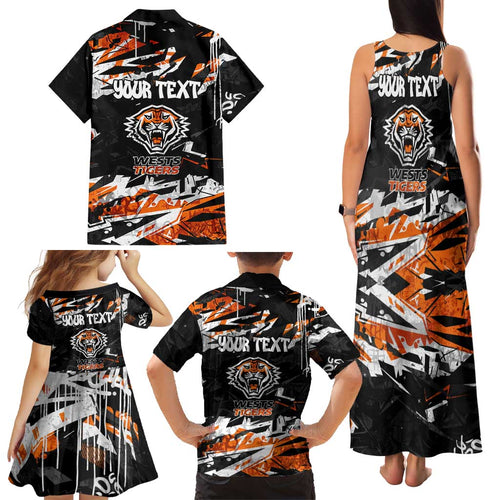 Personalized Wests Tigers Family Matching Tank Maxi Dress and Hawaiian Shirt Graffiti Grunge Abstract Urban Street Style Design
