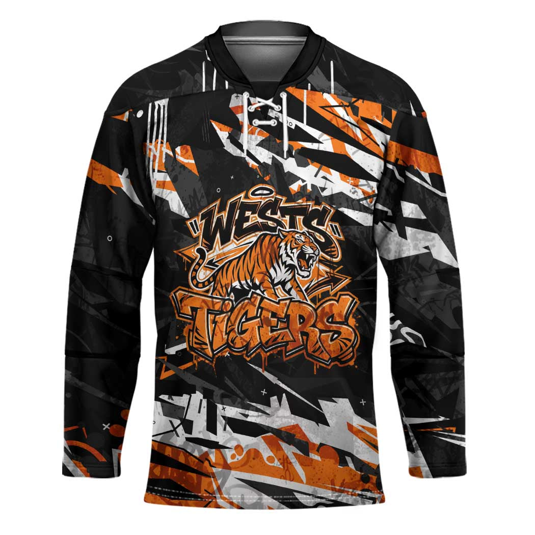 Personalized Wests Tigers Hockey Jersey Graffiti Grunge Abstract Urban Street Style Design