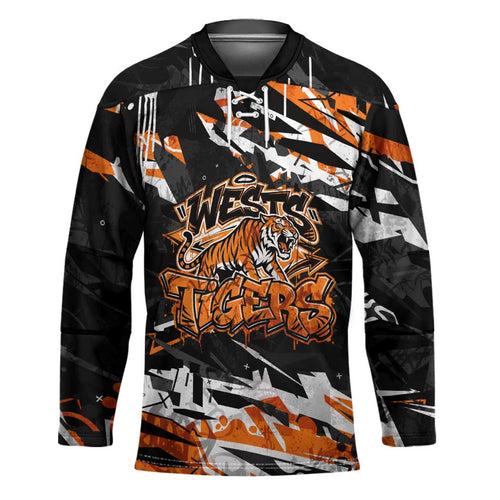 Personalized Wests Tigers Hockey Jersey Graffiti Grunge Abstract Urban Street Style Design