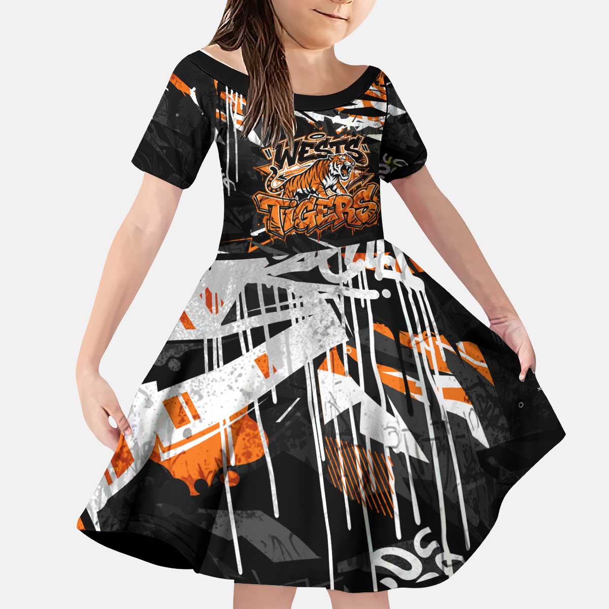 Personalized Wests Tigers Kid Short Sleeve Dress Graffiti Grunge Abstract Urban Street Style Design