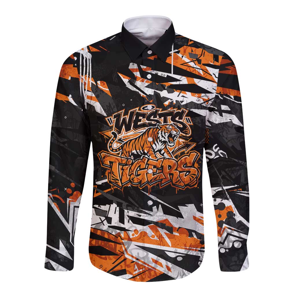 Personalized Wests Tigers Long Sleeve Button Shirt Graffiti Grunge Abstract Urban Street Style Design