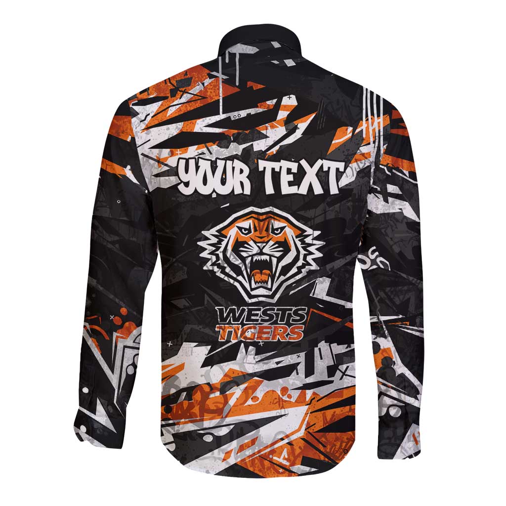 Personalized Wests Tigers Long Sleeve Button Shirt Graffiti Grunge Abstract Urban Street Style Design