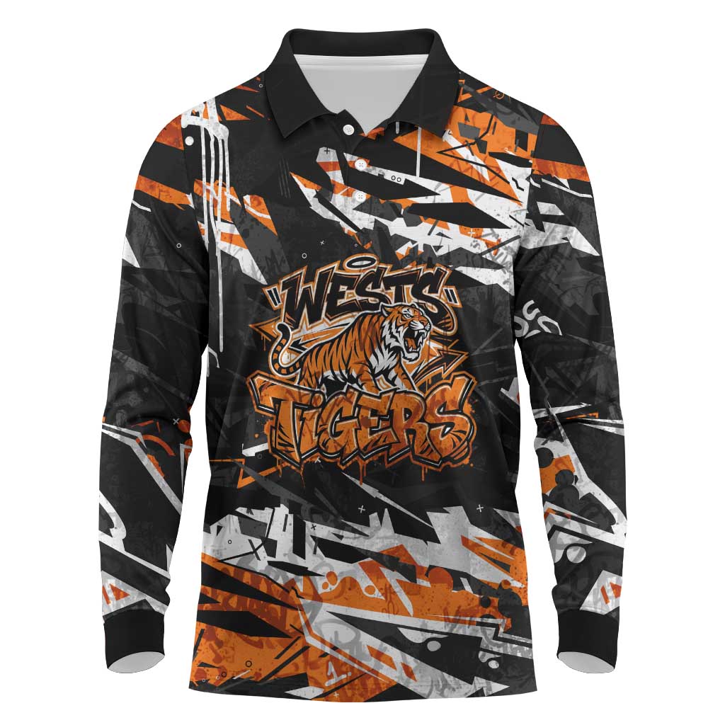 Personalized Wests Tigers Long Sleeve Polo Shirt Graffiti Grunge Abstract Urban Street Style Design