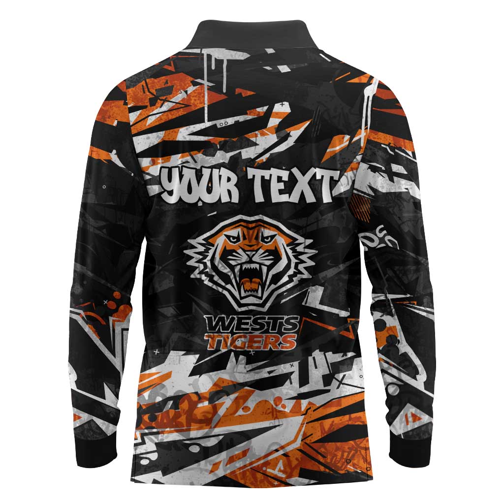 Personalized Wests Tigers Long Sleeve Polo Shirt Graffiti Grunge Abstract Urban Street Style Design