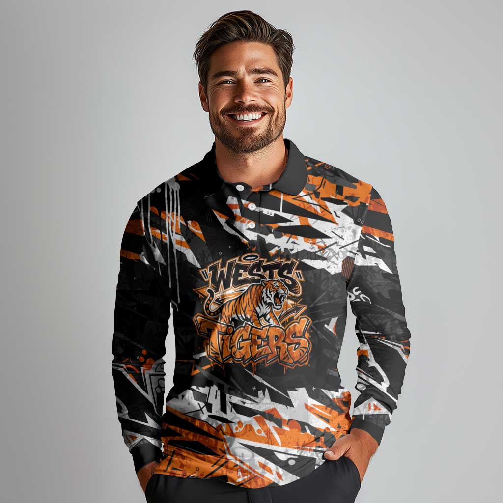 Personalized Wests Tigers Long Sleeve Polo Shirt Graffiti Grunge Abstract Urban Street Style Design