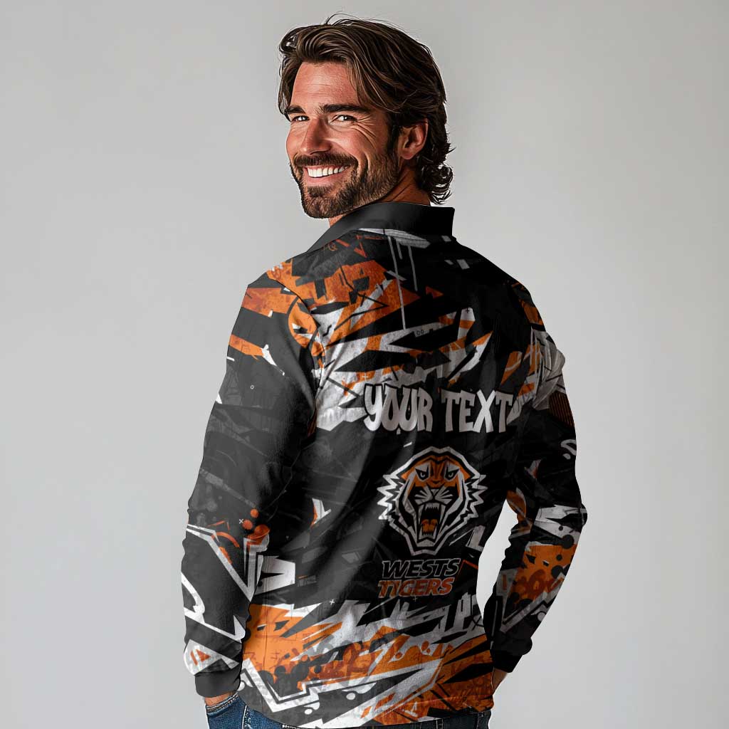 Personalized Wests Tigers Long Sleeve Polo Shirt Graffiti Grunge Abstract Urban Street Style Design
