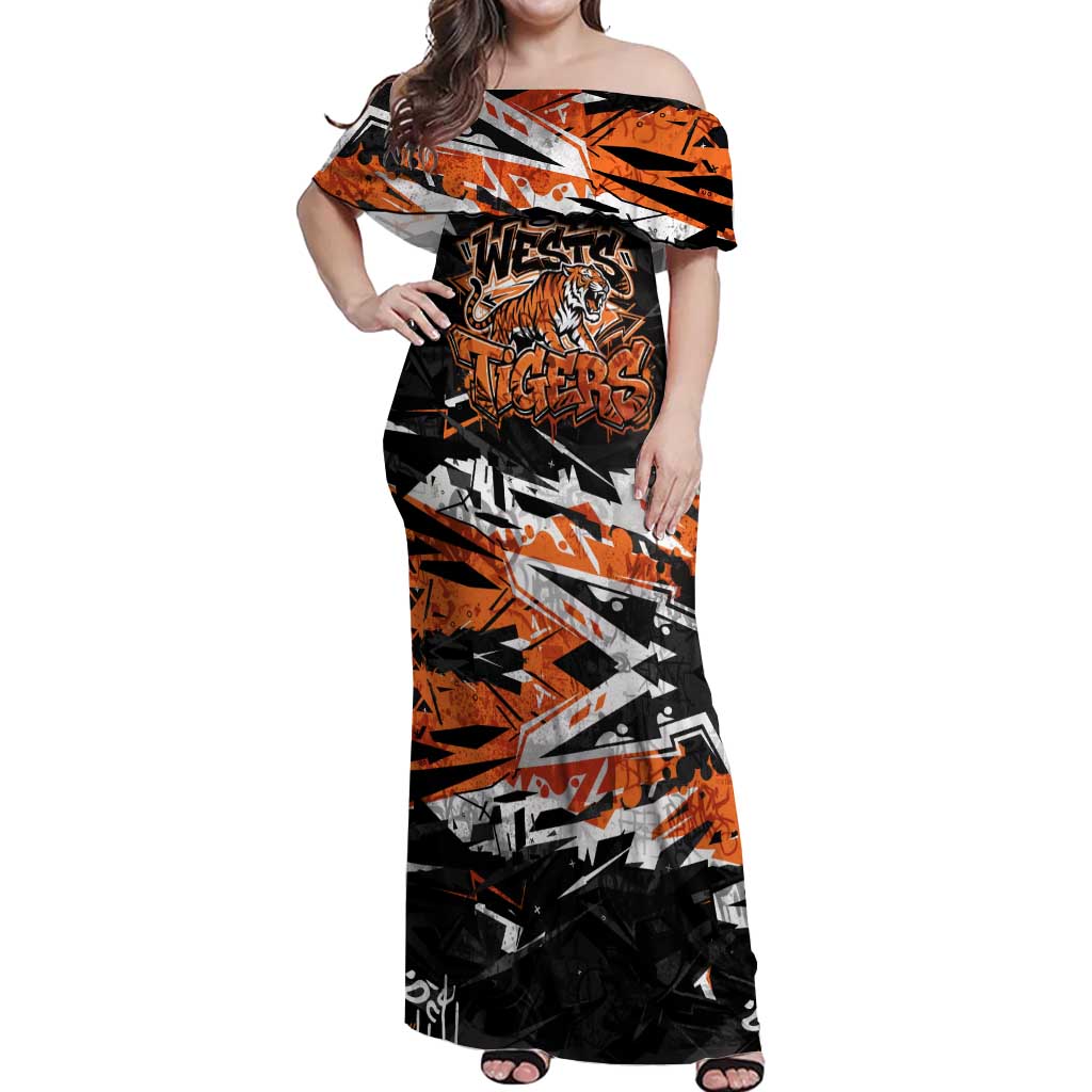Personalized Wests Tigers Off Shoulder Maxi Dress Graffiti Grunge Abstract Urban Street Style Design