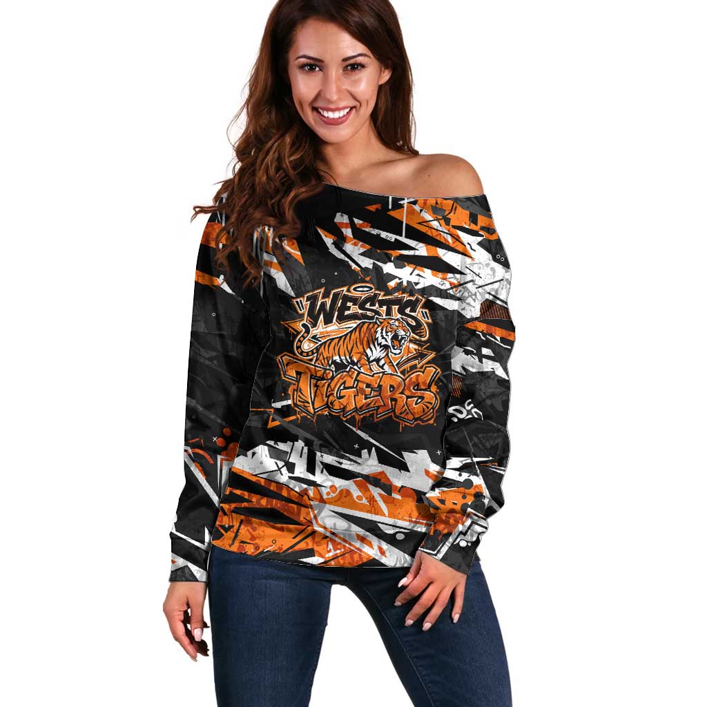 Personalized Wests Tigers Off Shoulder Sweater Graffiti Grunge Abstract Urban Street Style Design