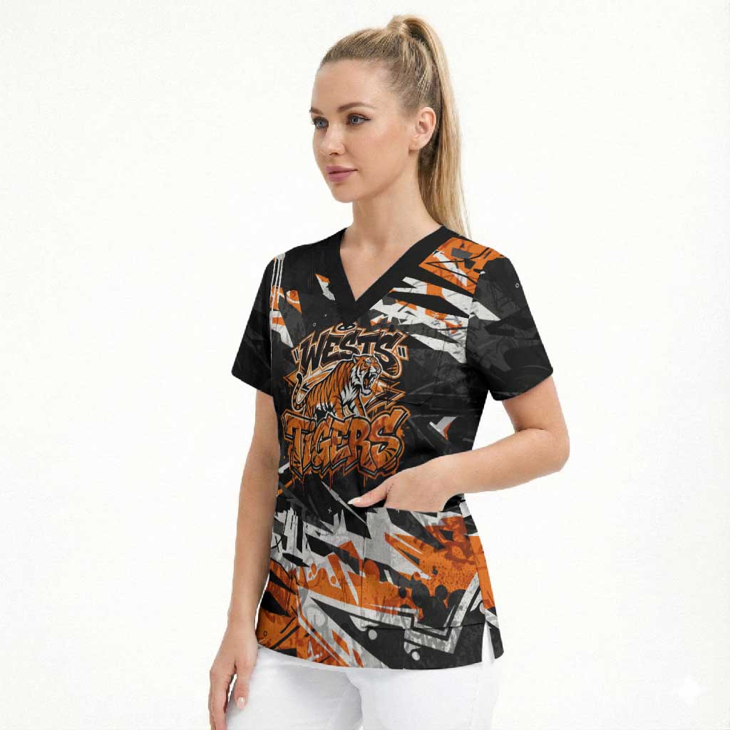 Personalized Wests Tigers Scrub Top Graffiti Grunge Abstract Urban Street Style Design