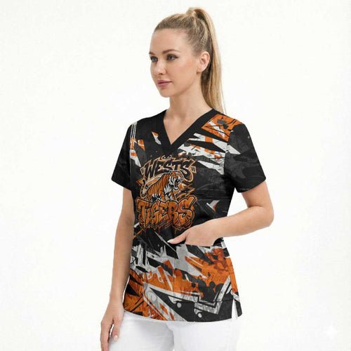 Personalized Wests Tigers Scrub Top Graffiti Grunge Abstract Urban Street Style Design