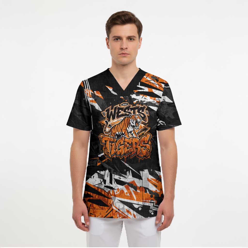 Personalized Wests Tigers Scrub Top Graffiti Grunge Abstract Urban Street Style Design