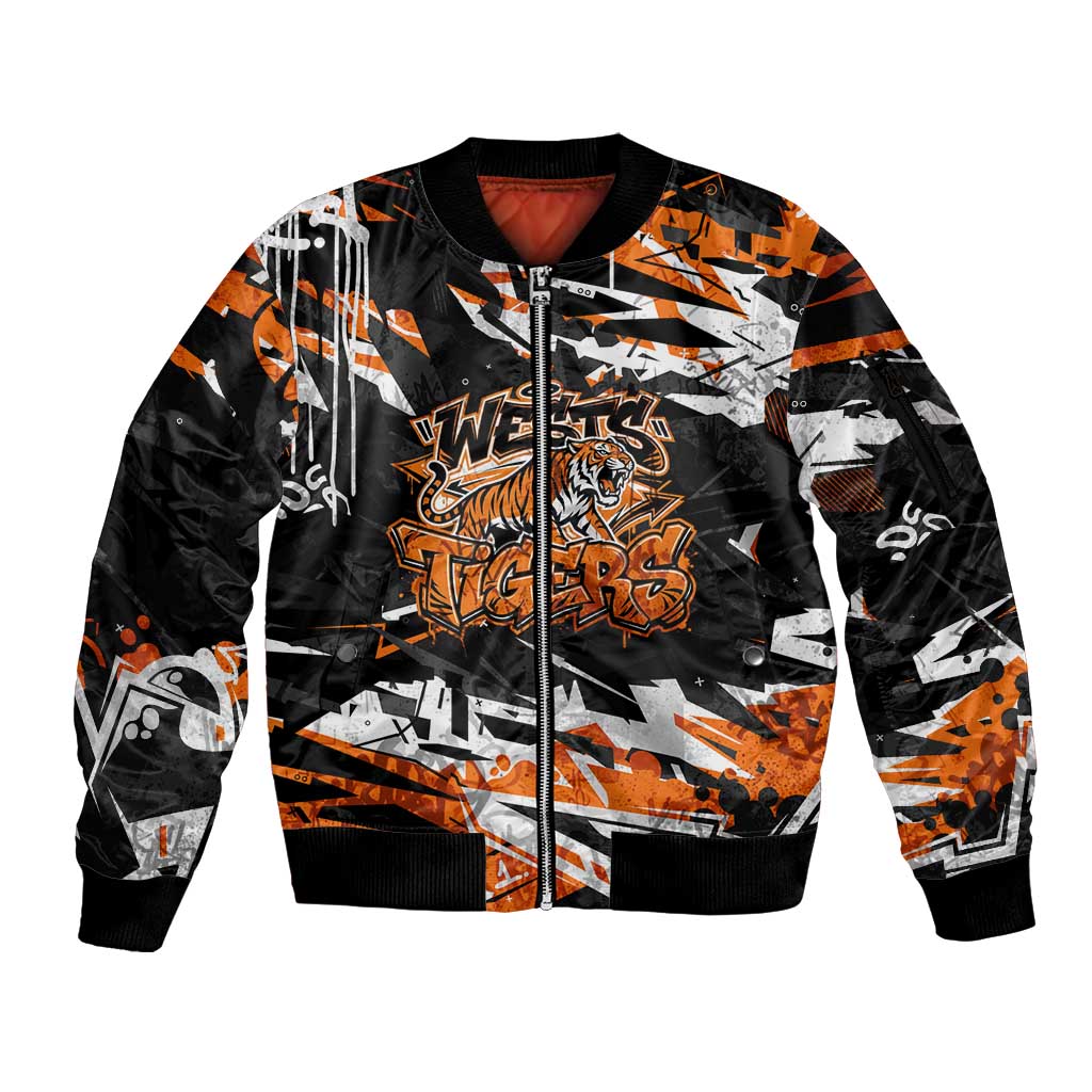 Personalized Wests Tigers Sleeve Zip Bomber Jacket Graffiti Grunge Abstract Urban Street Style Design